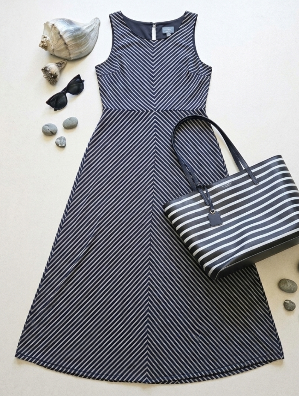 ​Market & Spruce Navy Chevron Stripe Maxi Dress M Single Side Slit Nautical Chic